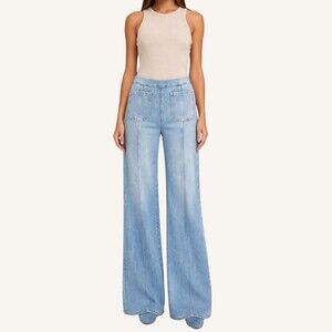 SPRWMN Women's Patch Pocket Super Flare Jeans MEDIUM Pull On Elastic Waist NEW